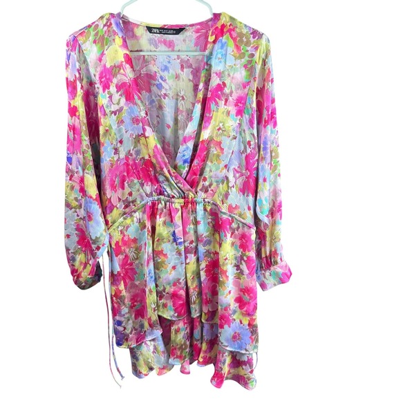 Zara Dress Womens Small Pink Floral Tiered Ruffle Long Sleeve Boho Spring Summer - Picture 4 of 10